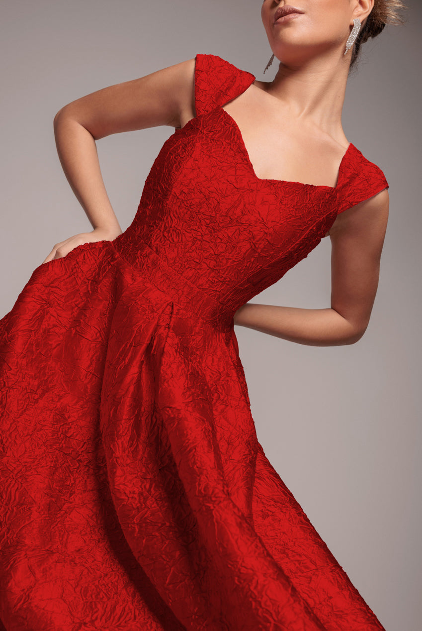 Crushed Satin Sleeveless A Line Midi Dress - Red DR4551