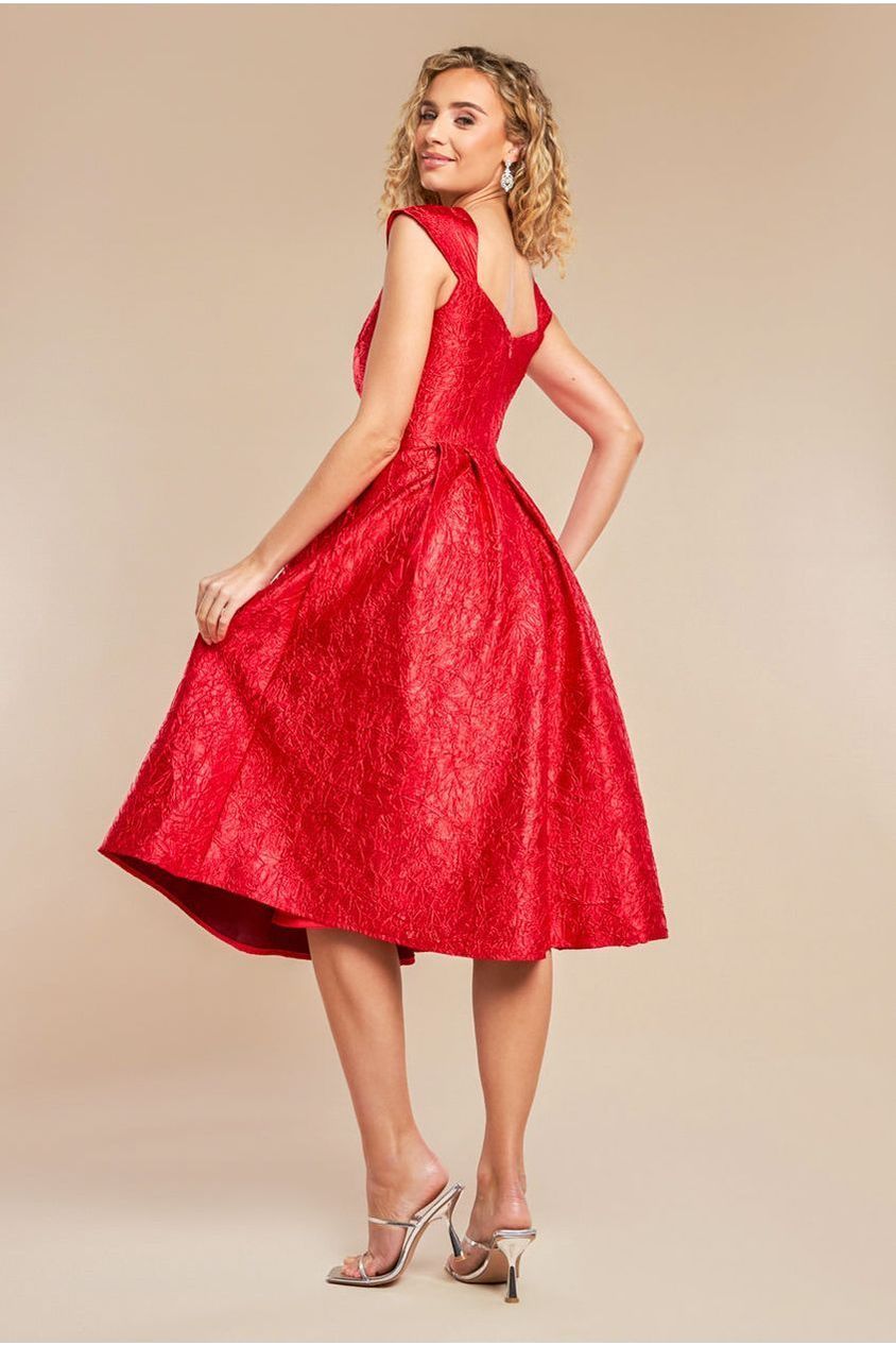 Crushed Satin Sleeveless A Line Midi Dress - Red DR4551