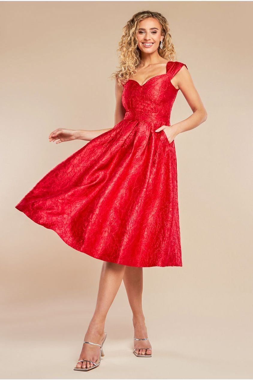 Crushed Satin Sleeveless A Line Midi Dress - Red DR4551