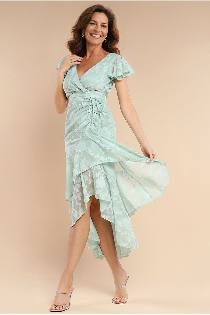 Jacquard Chiffon Wrap High Low Midaxi Dress - SageGreen DR4552M