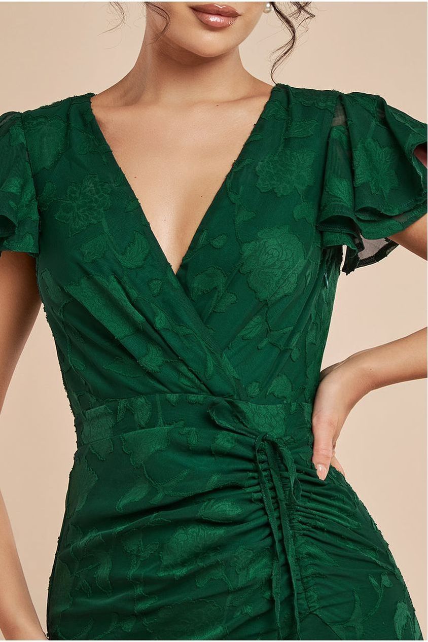 Jacquard Chiffon Wrap High Low Midaxi Dress - Emerald Green DR4552