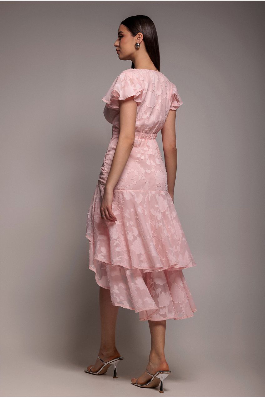 Jacquard Chiffon Wrap High Low Midaxi Dress - Pink DR4552