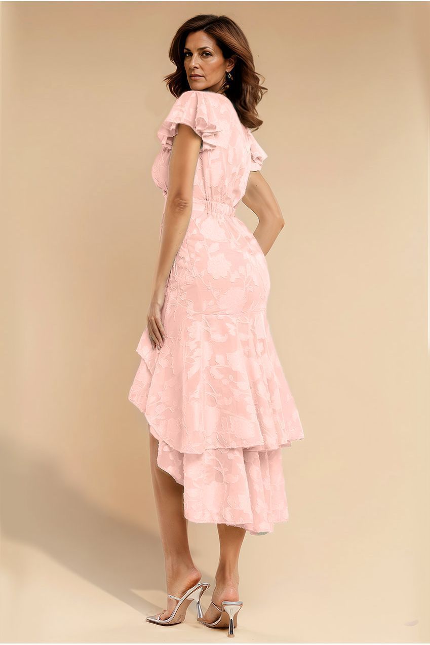 Jacquard Chiffon Wrap High Low Midaxi Dress - Pink DR4552M