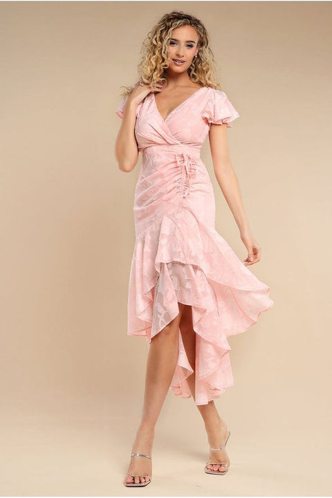 Jacquard Chiffon Wrap High Low Midaxi Dress - Pink by Goddiva