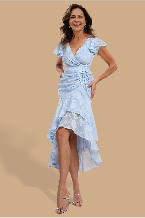 Jacquard Chiffon Wrap High Low Midaxi Dress - Blue by Goddiva