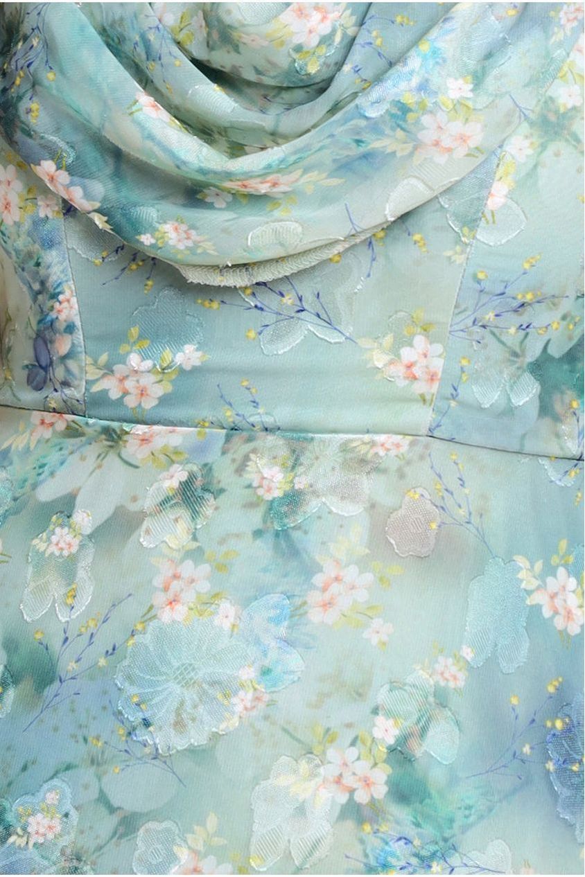 One Shoulder Cowl Neck Chiffon Floral Maxi Dress - Blue DR4555