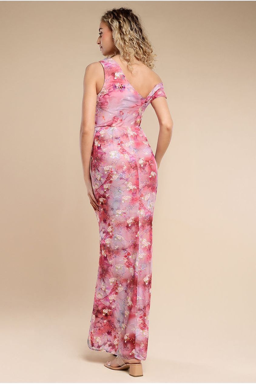One Shoulder Cowl Neck Chiffon Floral Maxi Dress - Pink DR4555
