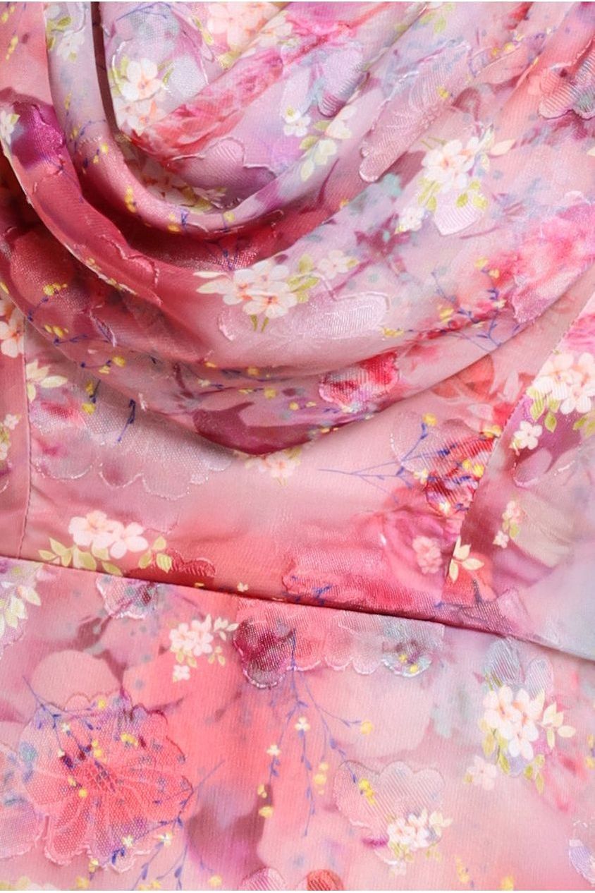 One Shoulder Cowl Neck Chiffon Floral Maxi Dress - Pink DR4555