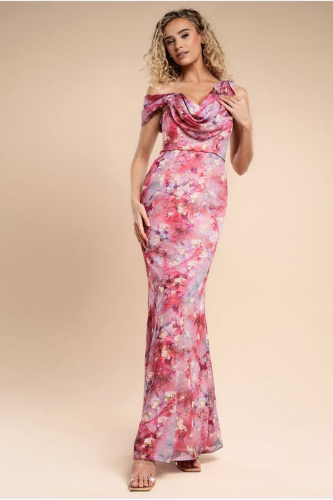 One Shoulder Cowl Neck Chiffon Floral Maxi Dress - Pink by Goddiva