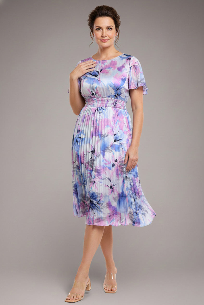 Flutter Sleeve Pleated Skirt Floral Midi Dress - Blue DR4565M