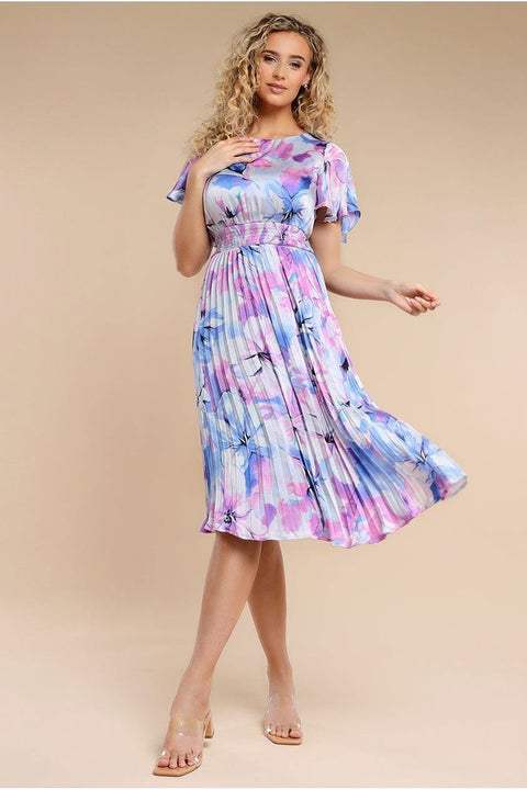 Flutter Sleeve Pleated Skirt Floral Midi Dress - Blue by Goddiva