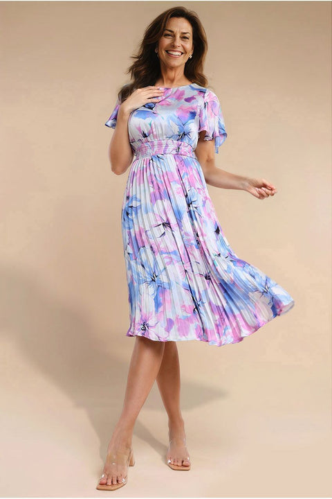 Flutter Sleeve Pleated Skirt Floral Midi Dress - Blue by Goddiva