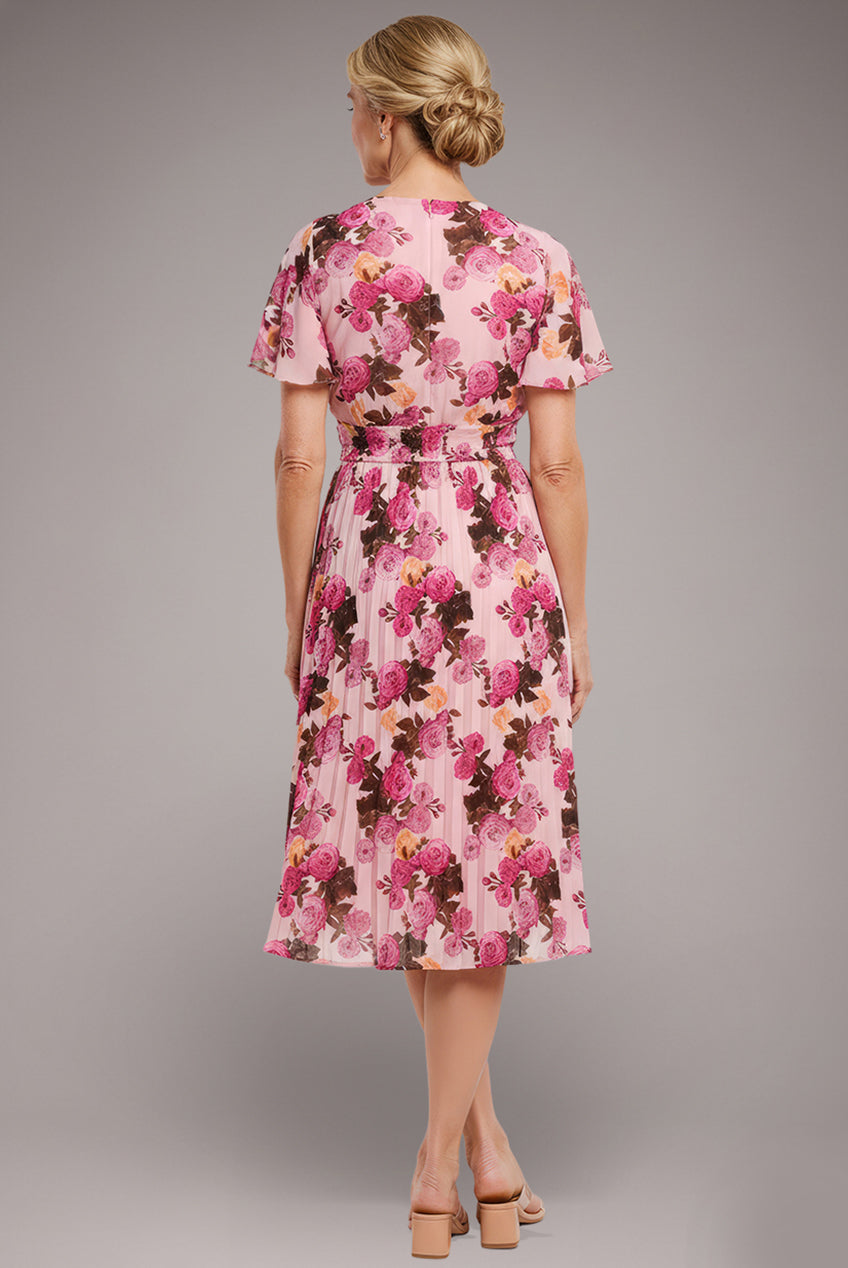 Flutter Sleeve Pleated Skirt Floral Midi Dress - Pink DR4565M