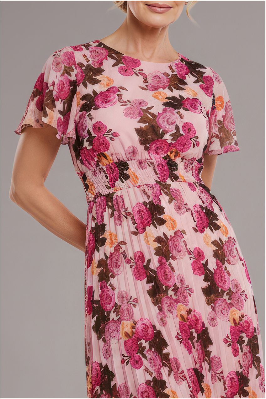 Flutter Sleeve Pleated Skirt Floral Midi Dress - Pink DR4565M