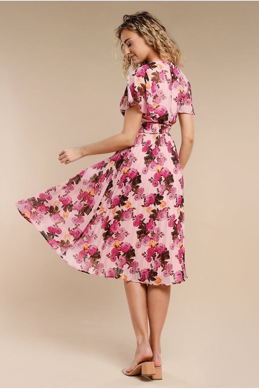 Flutter Sleeve Pleated Skirt Floral Midi Dress - Pink DR4565