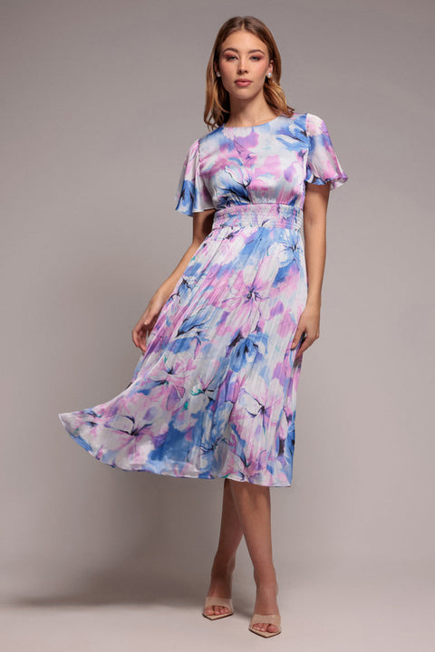 Flutter Sleeve Pleated Skirt Floral Midi Dress - Blue by Goddiva