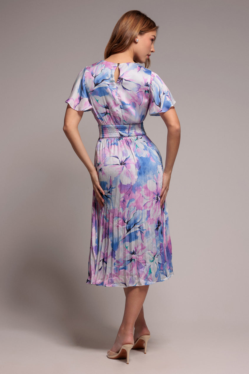 Flutter Sleeve Pleated Skirt Floral Midi Dress - Blue DR4565