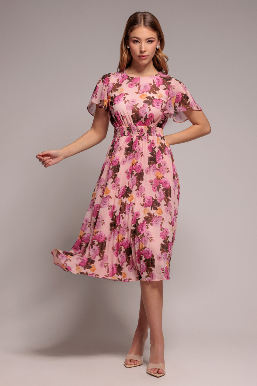 Flutter Sleeve Pleated Skirt Floral Midi Dress - Pink DR4565
