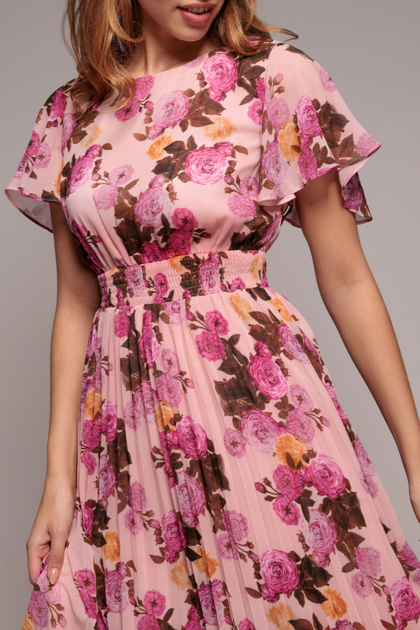 Flutter Sleeve Pleated Skirt Floral Midi Dress - Pink DR4565
