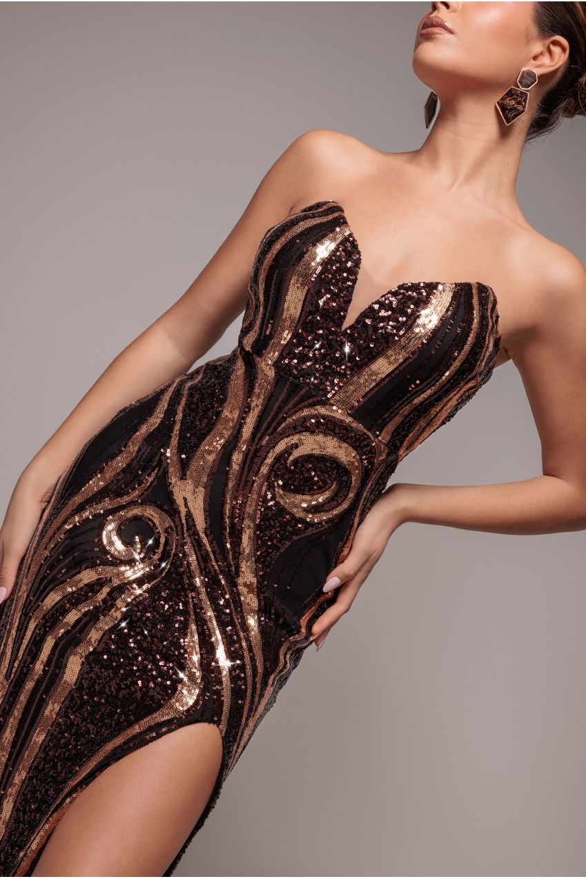 Strapless Multi Sequin Maxi Dress - Bronze DR4566
