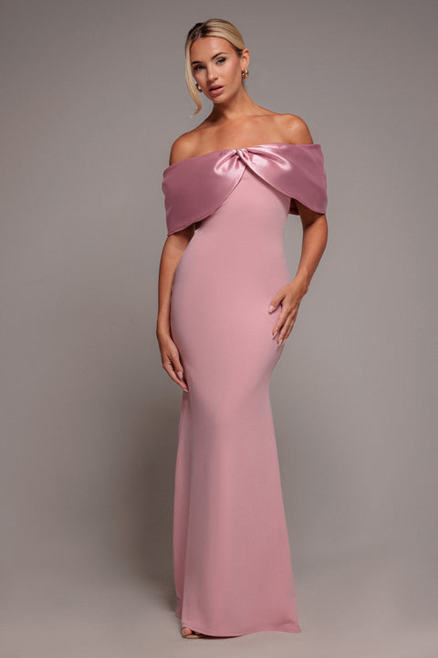 Twist Knot Satin & Scuba Bardot Maxi Dress - Blush Pink by Goddiva
