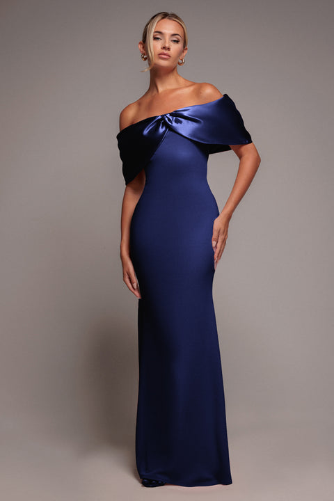 Twist Knot Satin & Scuba Bardot Maxi Dress - Navy Blue by Goddiva