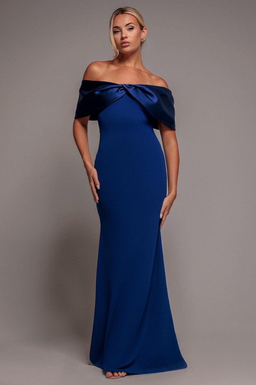 Twist Knot Satin & Scuba Bardot Maxi Dress - Royal Blue | Goddiva Twist Knot Satin & Scuba Bardot Maxi Dress - Royal Blue | Goddiva