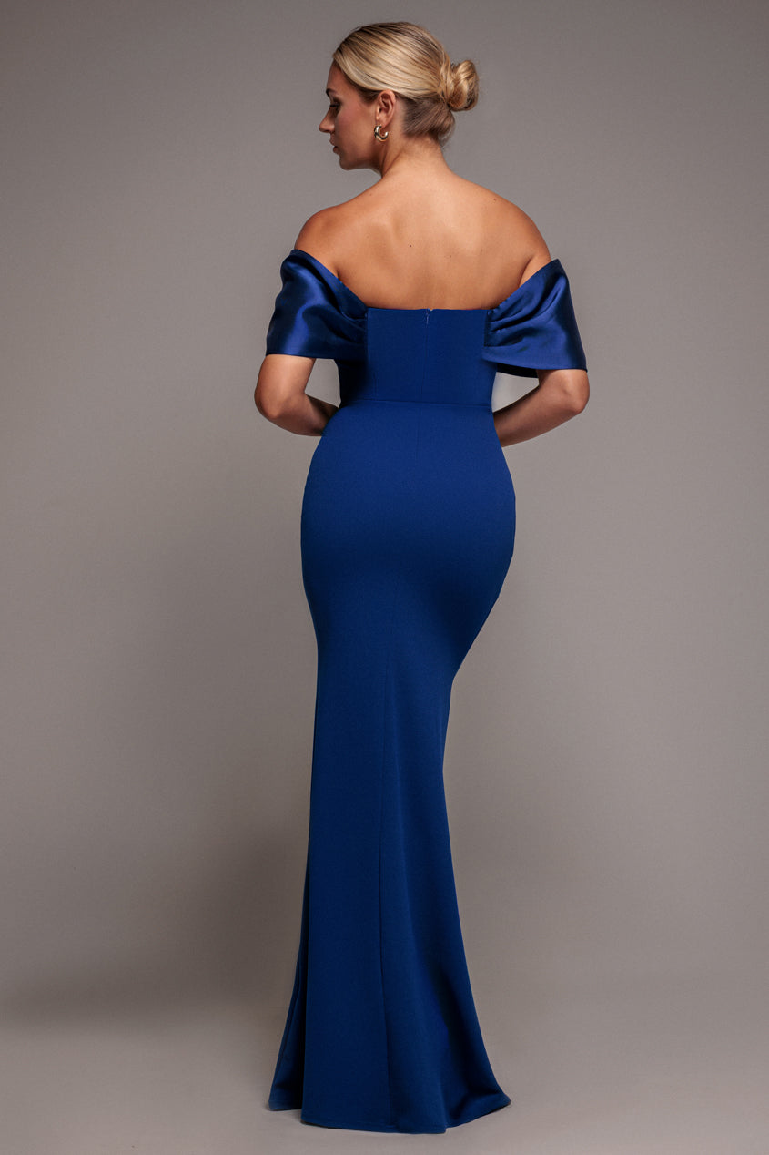 Twist Knot Satin & Scuba Bardot Maxi Dress - Royal Blue DR4575