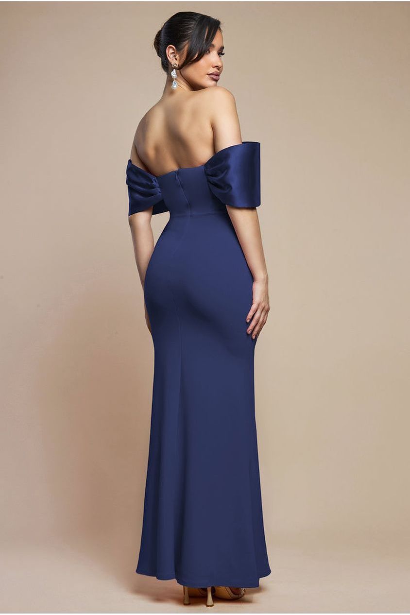 Twist Knot Satin & Scuba Bardot Maxi Dress - Navy Blue DR4575