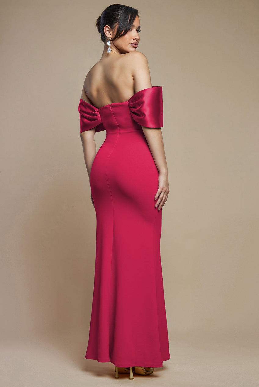 Twist Knot Satin & Scuba Bardot Maxi Dress - Magenta DR4575