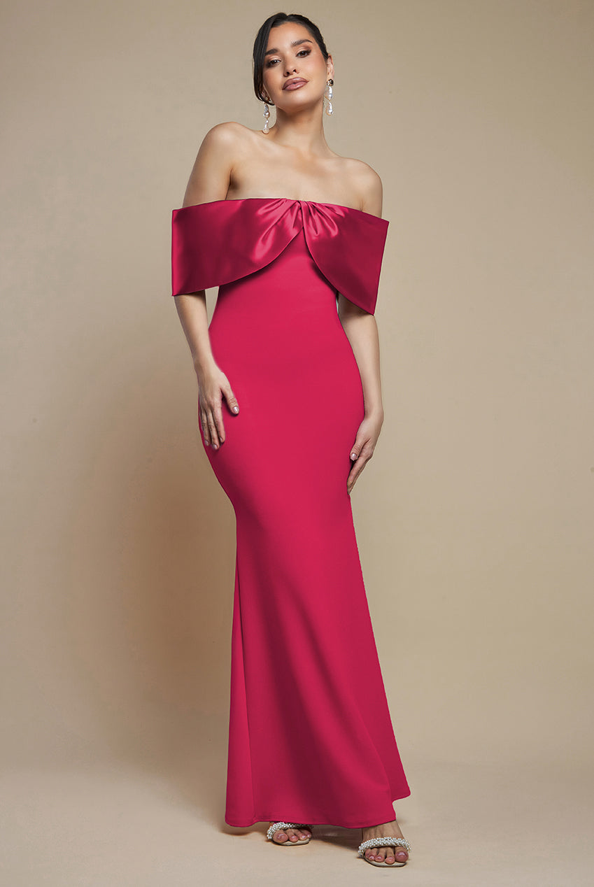 Twist Knot Satin & Scuba Bardot Maxi Dress - Magenta DR4575