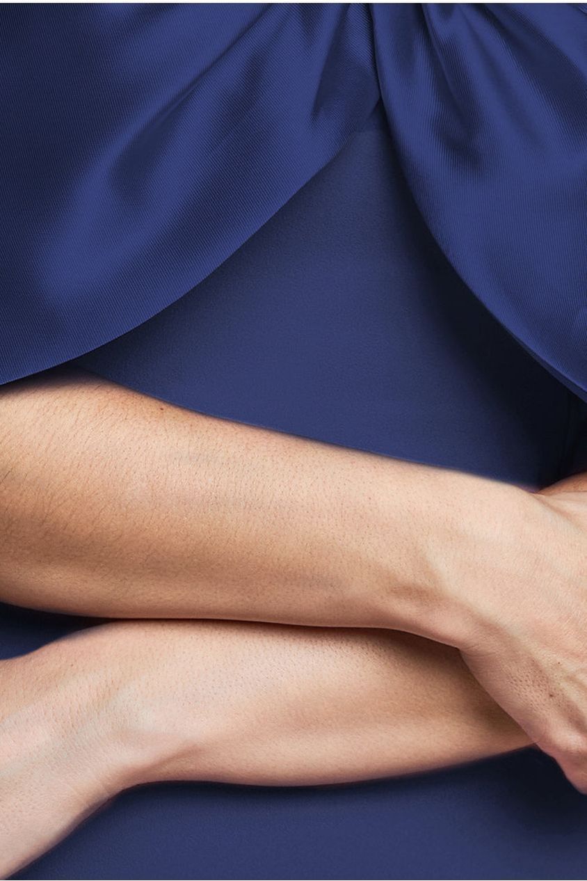 Twist Knot Satin & Scuba Bardot Maxi Dress - Navy Blue DR4575