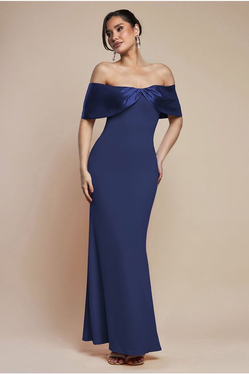 Twist Knot Satin & Scuba Bardot Maxi Dress - Navy Blue DR4575