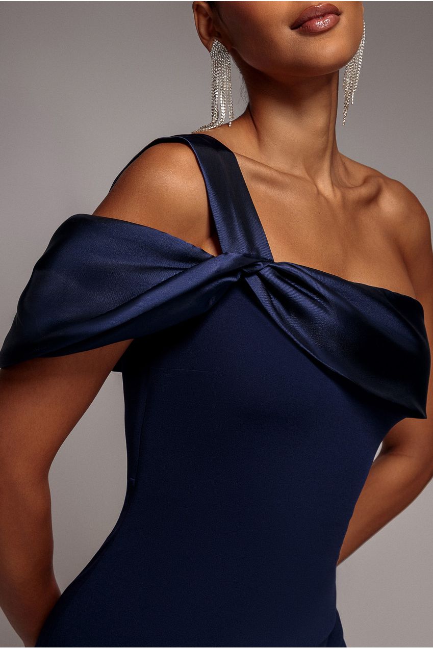 Satin Twist One Shoulder Maxi Dress - Navy Blue DR4576QZ