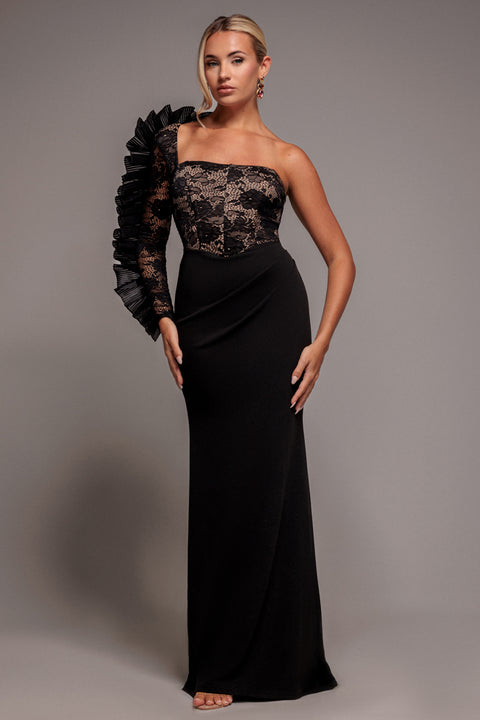One Shoulder Organza Fan Detail Lace Bodice Maxi Dress - Black by Goddiva