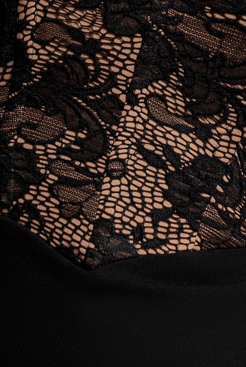 One Shoulder Organza Fan Detail Lace Bodice Maxi Dress - Black DR4577