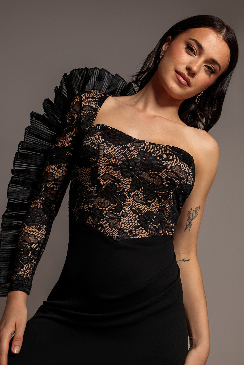 One Shoulder Organza Fan Detail Lace Bodice Maxi Dress - Black DR4577