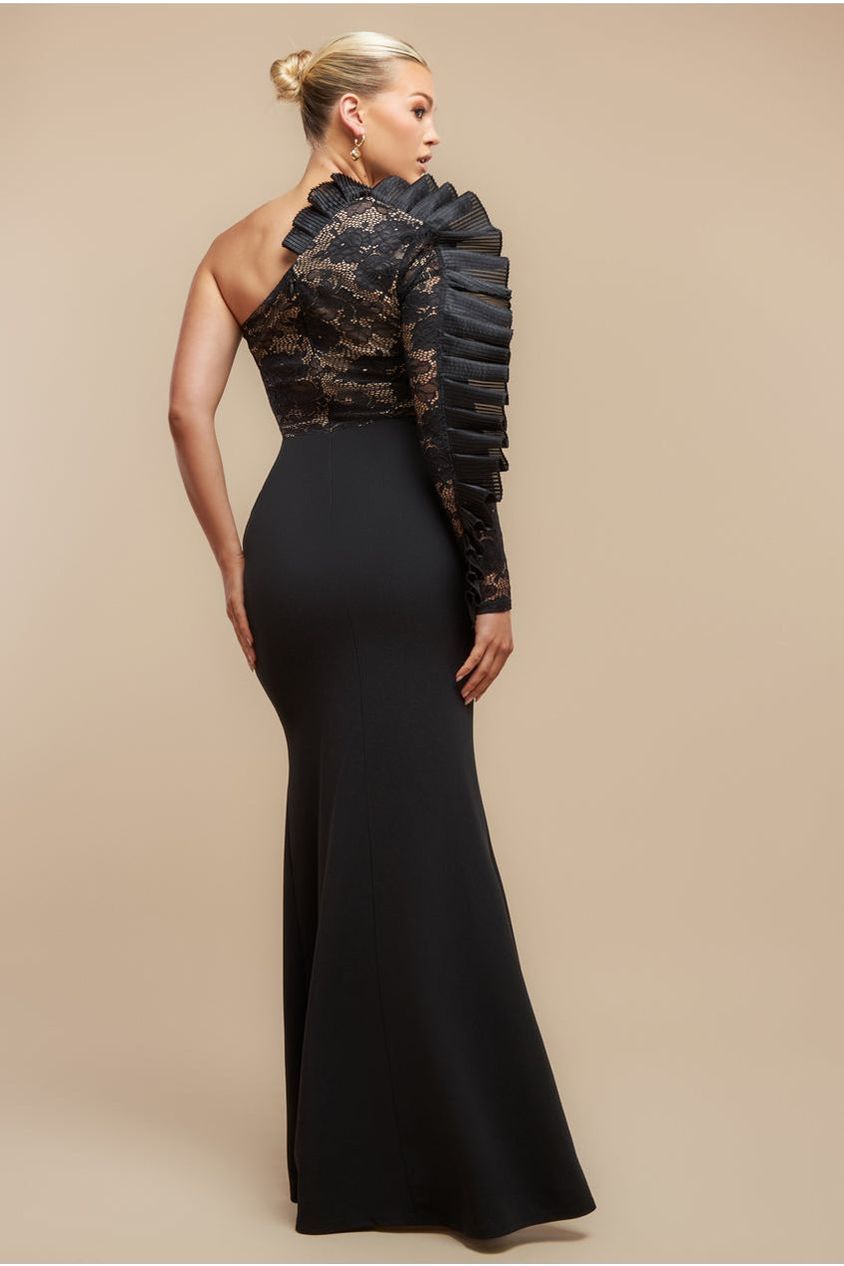 One Shoulder Organza Fan Detail Lace Bodice Maxi Dress - Black DR4577