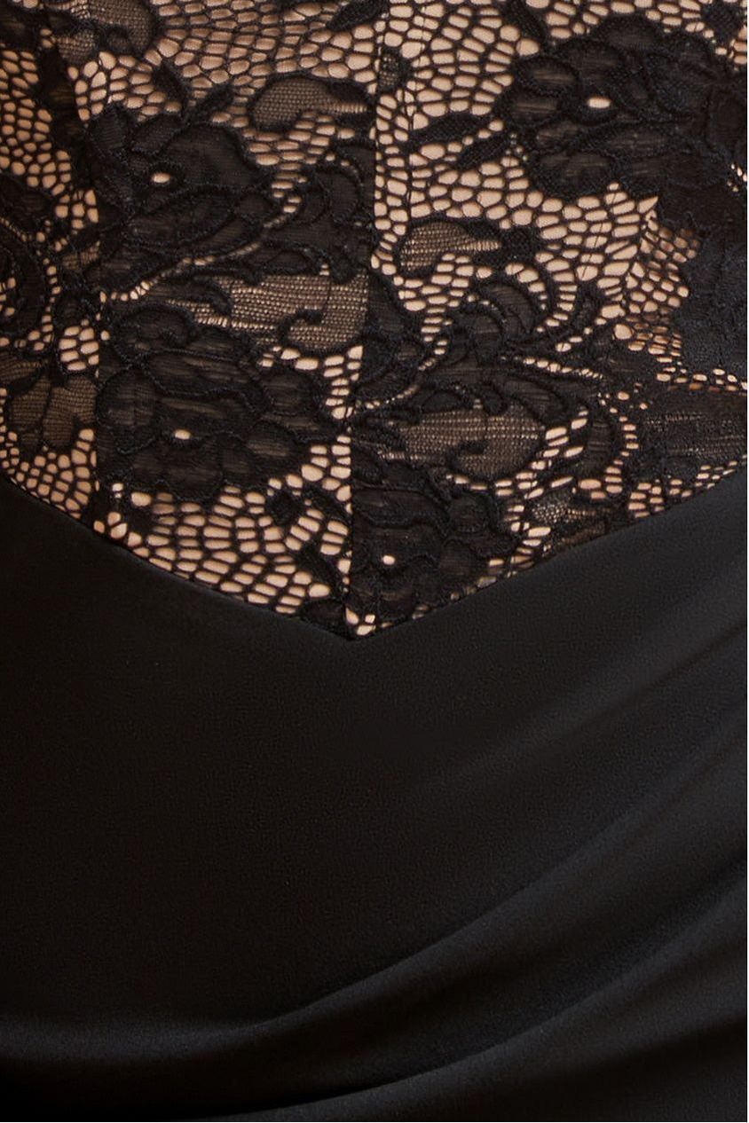 One Shoulder Organza Fan Detail Lace Bodice Maxi Dress - Black DR4577