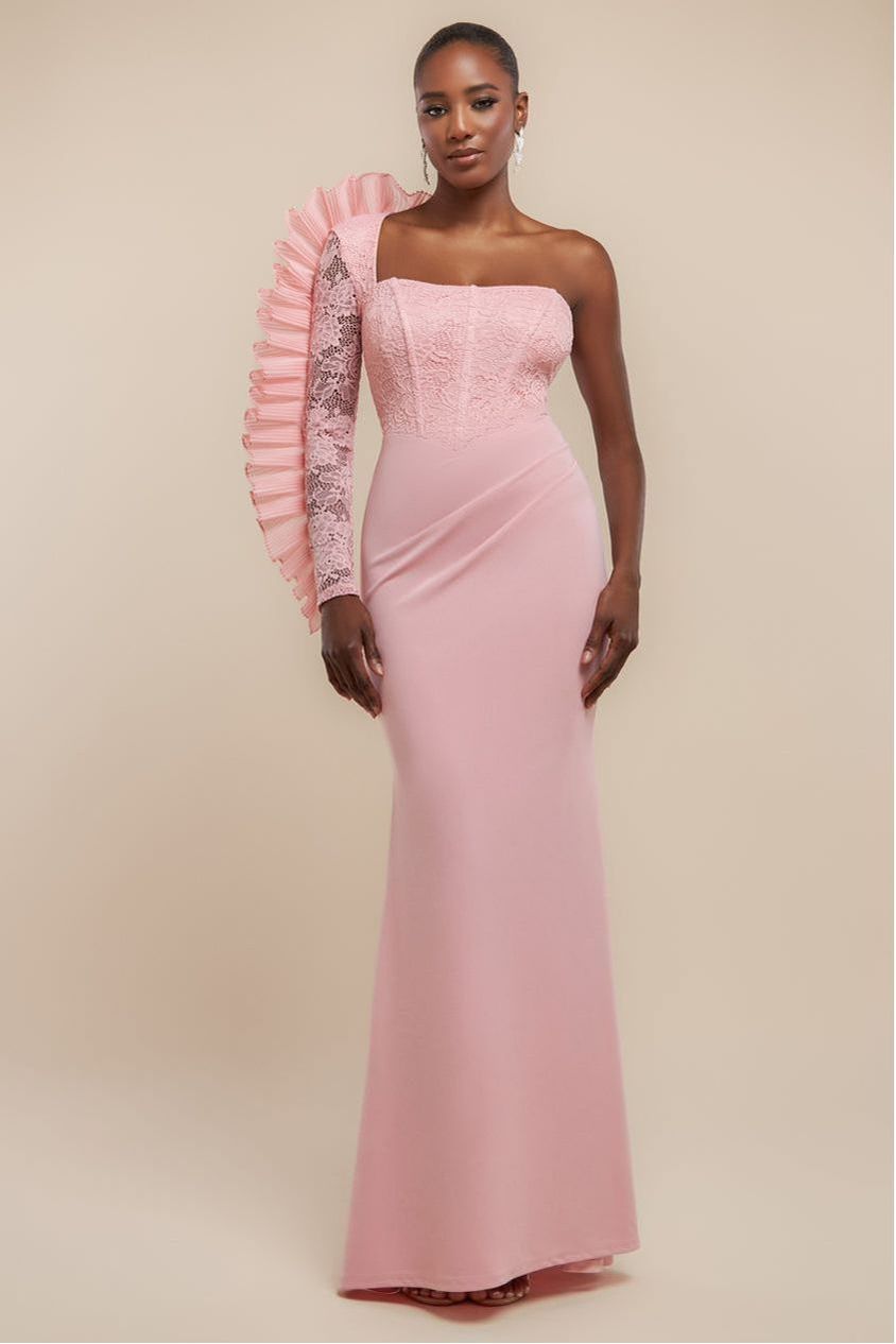 One Shoulder Organza Fan Detail Lace Bodice Maxi Dress - Blush Pink DR4577