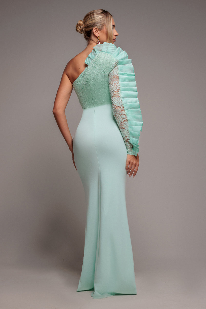 One Shoulder Organza Fan Detail Lace Bodice Maxi Dress - Mint Green DR4577