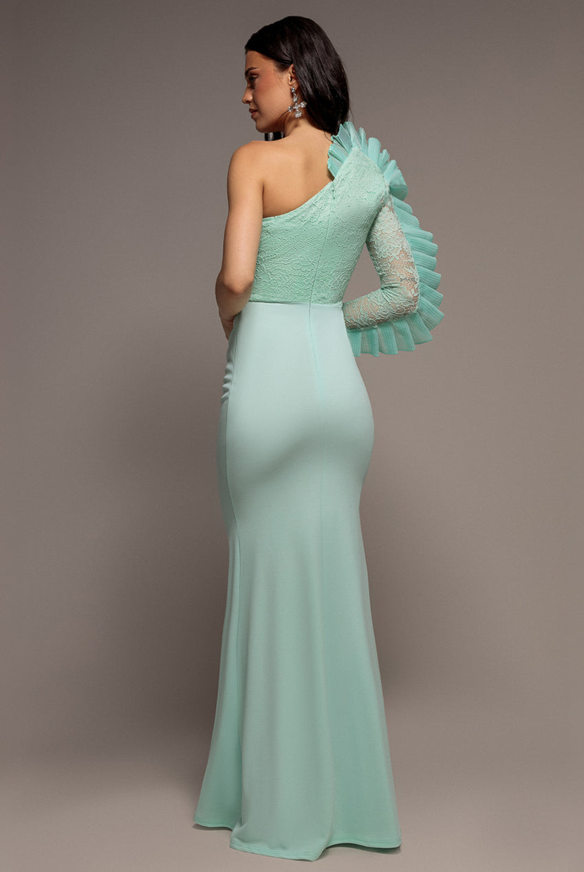 One Shoulder Organza Fan Detail Lace Bodice Maxi Dress - Mint Green DR4577