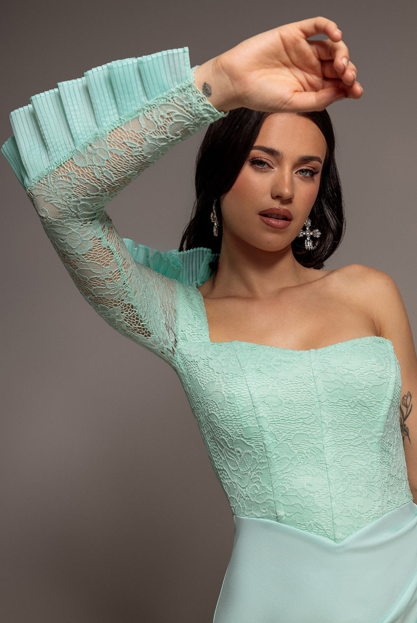 One Shoulder Organza Fan Detail Lace Bodice Maxi Dress - Mint Green DR4577