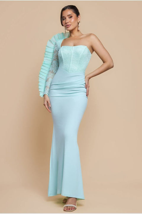 One Shoulder Organza Fan Detail Lace Bodice Maxi Dress - Mint Green by Goddiva