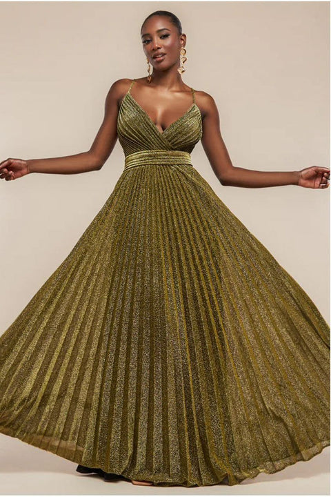 Sleeveless Pleated A Line Lurex Maxi Dress - Gold by Goddiva