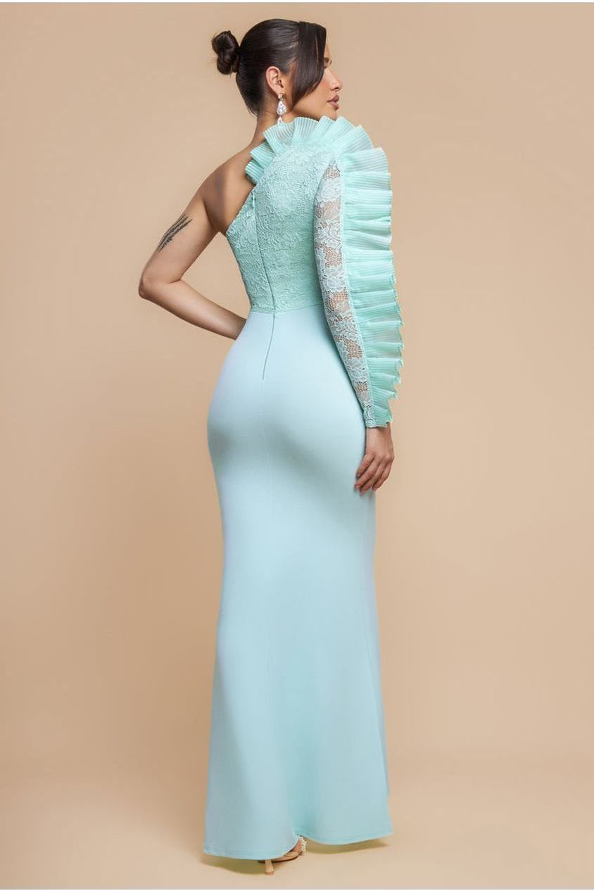 One Shoulder Organza Fan Detail Lace Bodice Maxi Dress - Mint Green DR4577