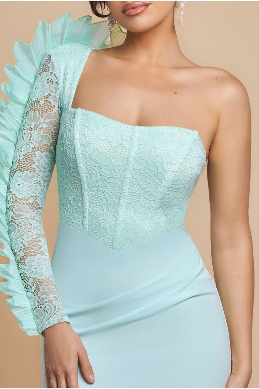 One Shoulder Organza Fan Detail Lace Bodice Maxi Dress - Mint Green DR4577