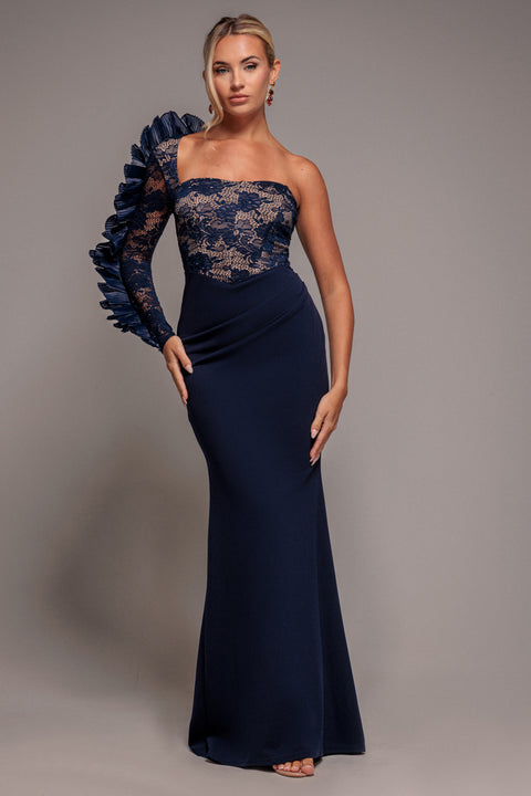One Shoulder Organza Fan Detail Lace Bodice Maxi Dress - Navy Blue by Goddiva