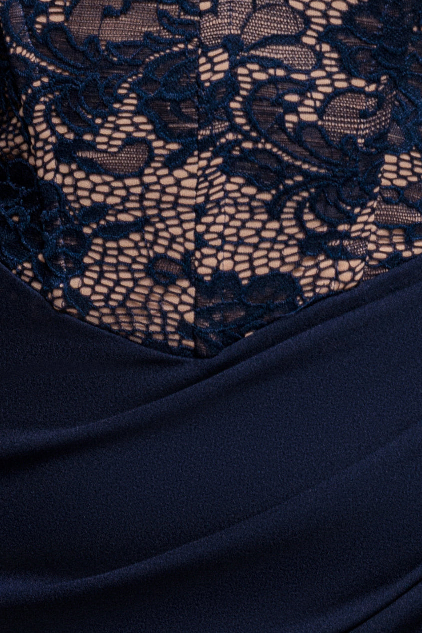 One Shoulder Organza Fan Detail Lace Bodice Maxi Dress - Navy Blue DR4577