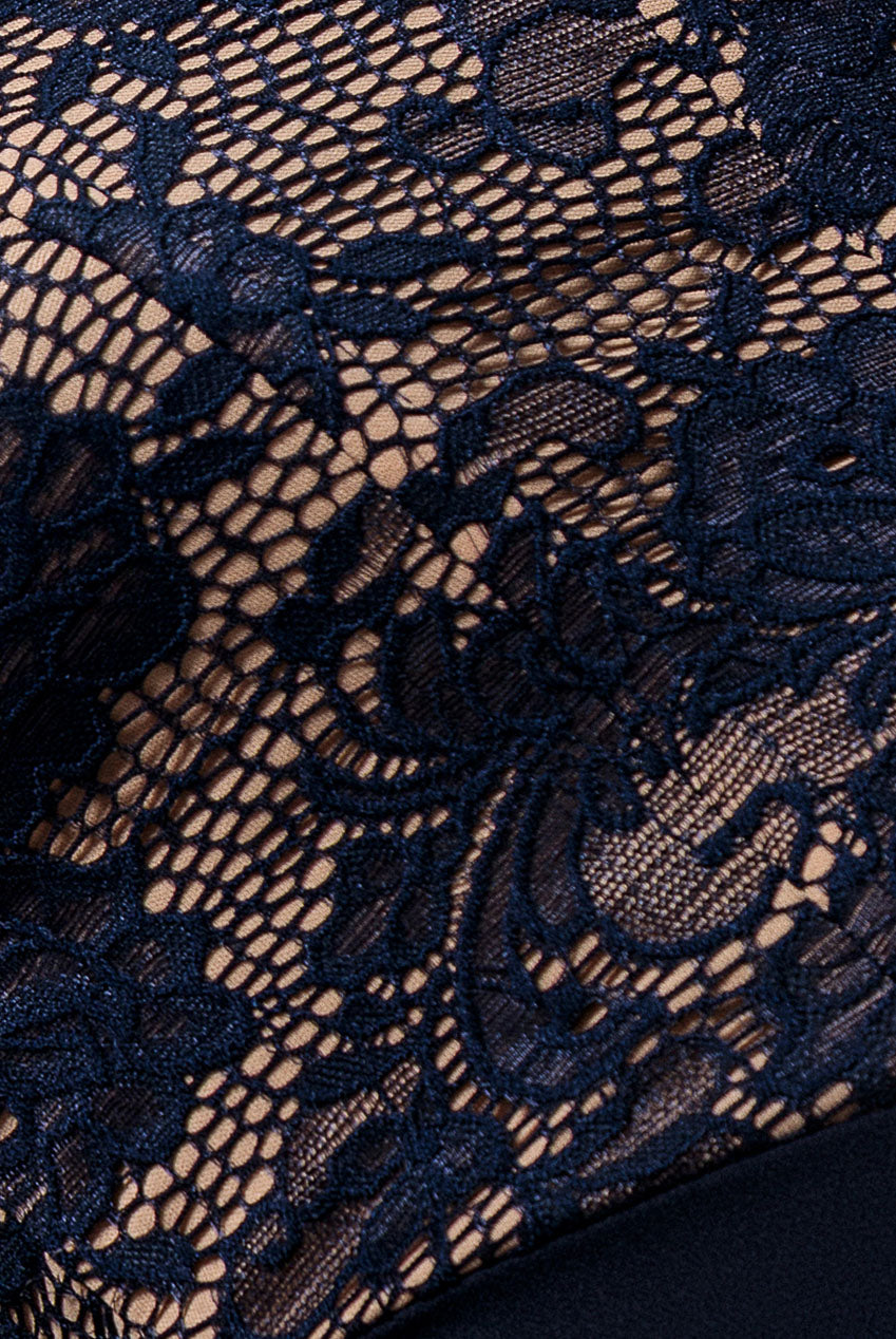 One Shoulder Organza Fan Detail Lace Bodice Maxi Dress - Navy Blue DR4577